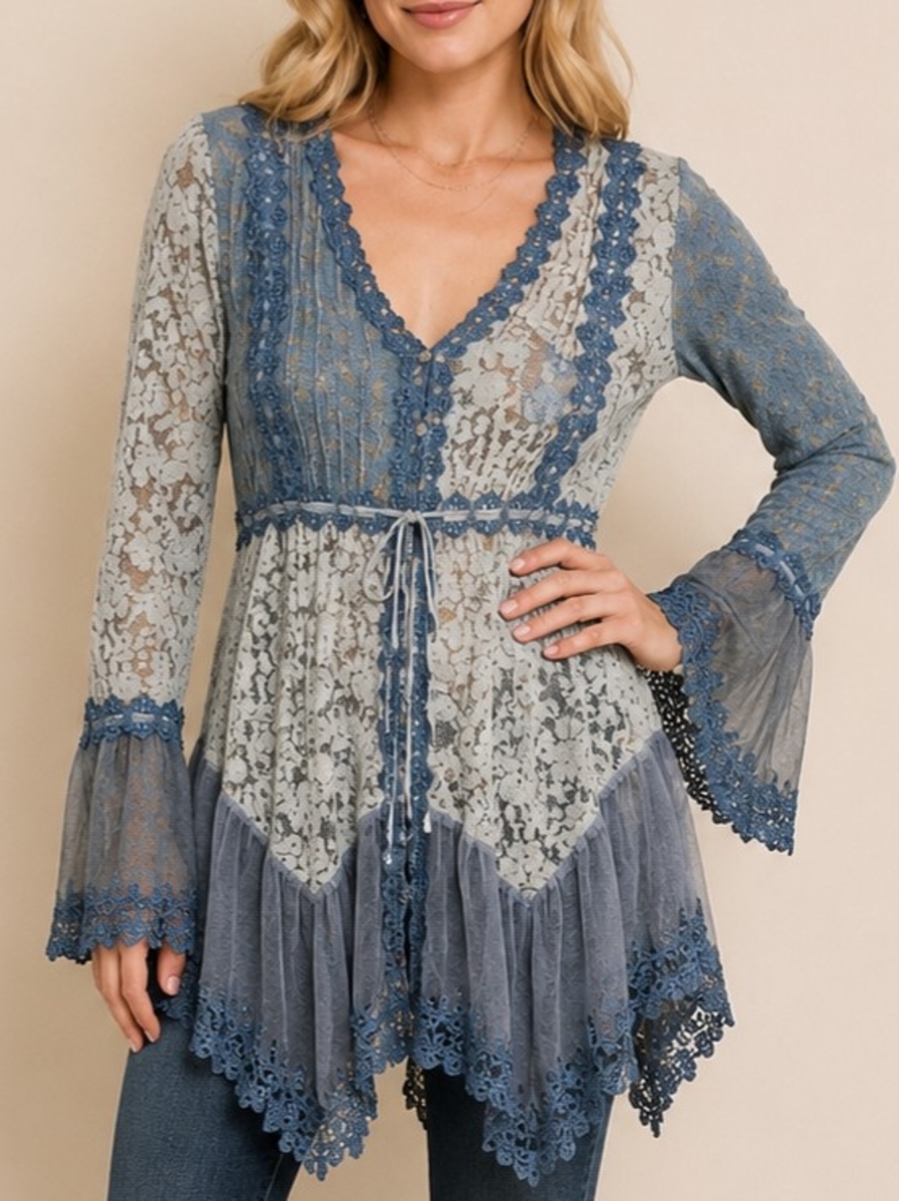 Adore Blue Lace Boho Tunic Top Cardigan Women's Sheer Floral Fairycore
